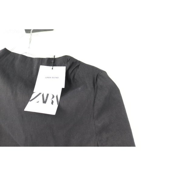 NWT ZARA Top Womens Medium Asymmetric High Collar Long Sleeve Cutout Back linen - Picture 3 of 11